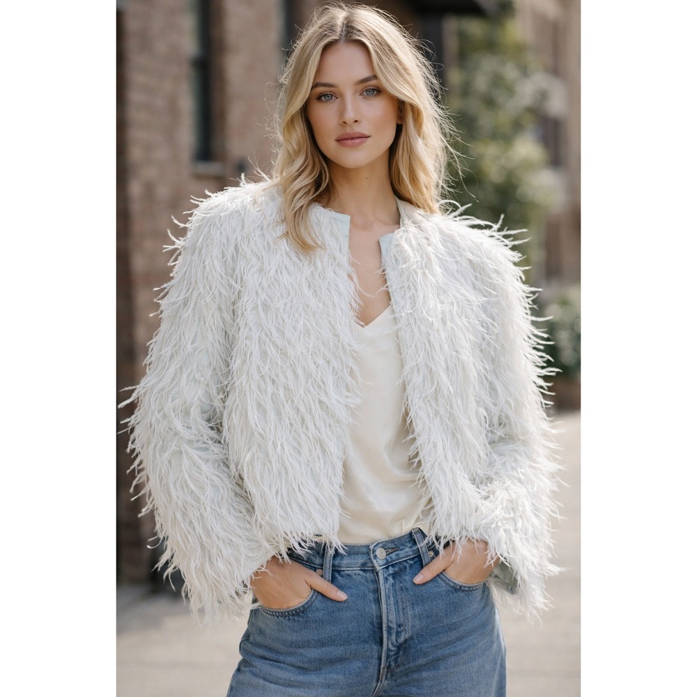 LAPOINTE Ice Blue Ostrich‎ Feather Cropped Jacket Open Front Statement Coat